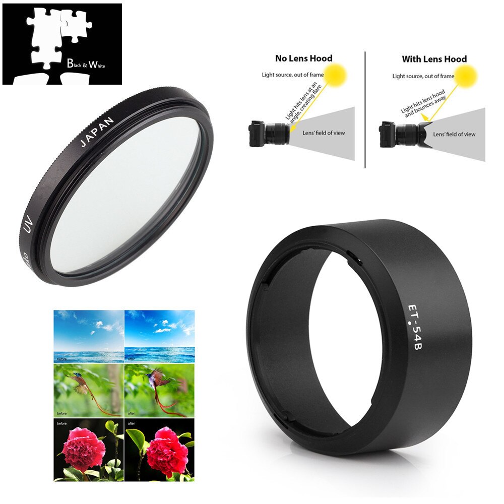 52mm uv filter et54b lens hood for canon ef-m 55-200mm f/4.5-6.3 is stm lens on eos m200 m100 m50 m10 m6 m5 m3 m2 m camera