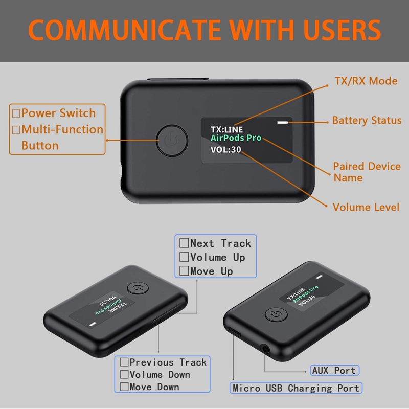 Bluetooth 5.0 Transmitter & Receiver with OLED Screen, 2-In-1 Wireless 3.5mm Bluetooth Adapter, Low Latency