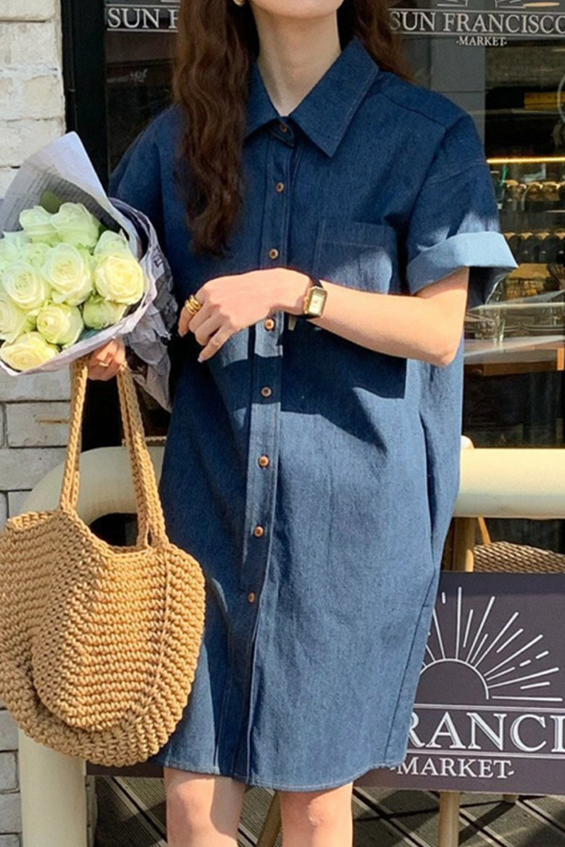 韩国NUOVPAUL夏季复古方领明线设计宽松休闲短袖牛仔连衣裙短裙女