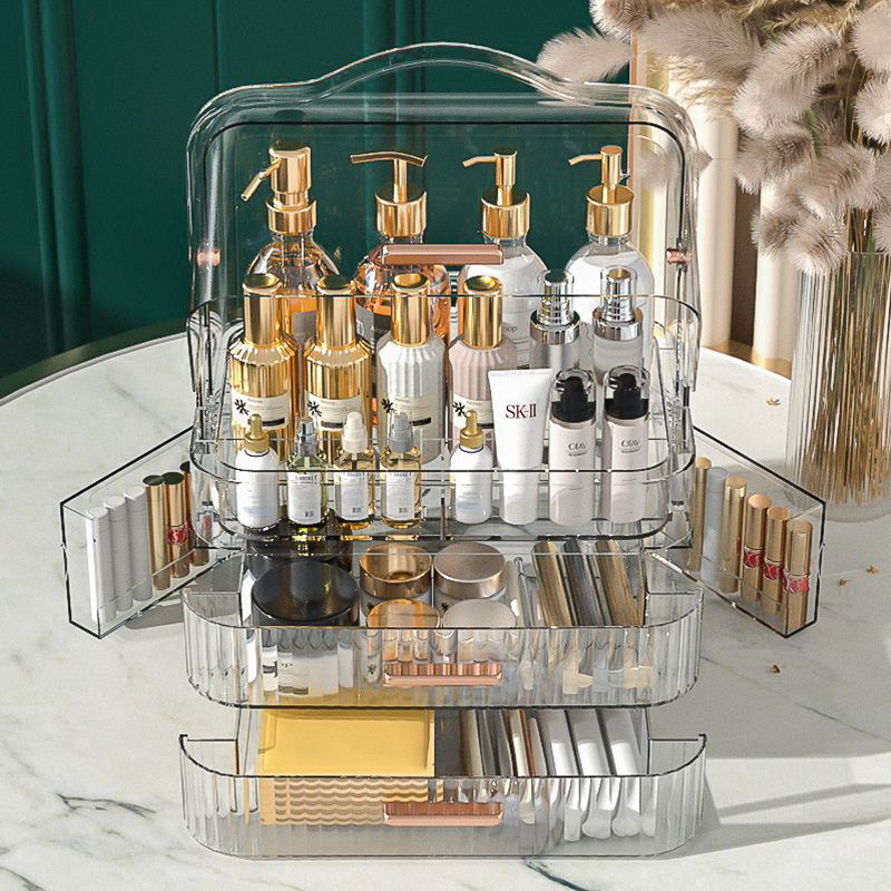 Transparent dustproof cosmetics storage box Desktop double open drawer type clamshell storage cabinet Large capacity storage rack