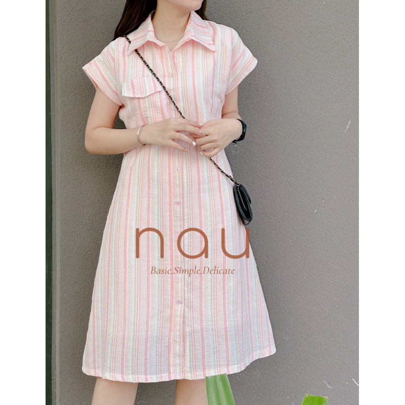 Đầm sọc cổ sơ mi dáng chữ A kèm dây eo
