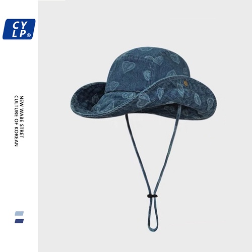 Japanese Retro Washed Denim Bucket Hat Outdoor Hiking Hat Female Big Brim Fisherman Hat