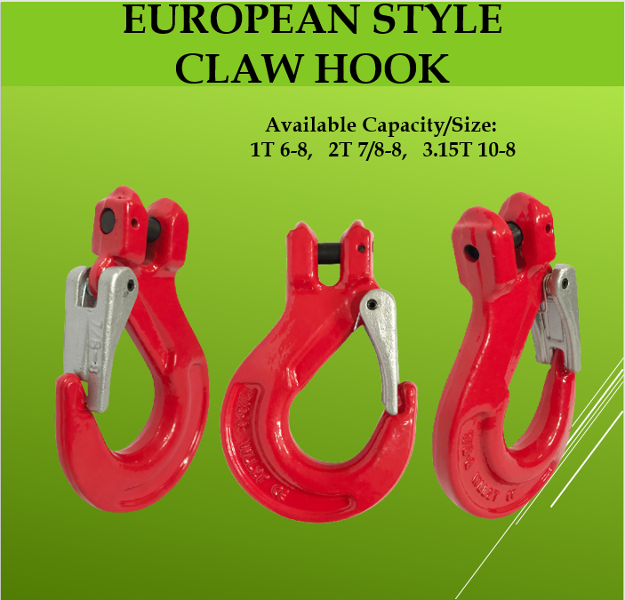 1T 2T 3.15T European Style Claw Hook Chain Hooks with Latch Clevis Slip