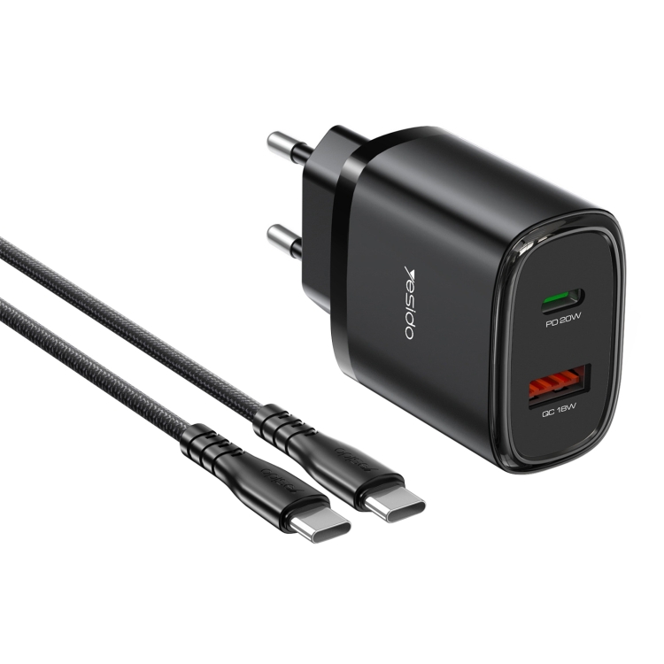 Yesido yc50 usb-c / type-c + usb travel charger with 1m usb-c / type-c to usb-c / type-c cable, eu plug
