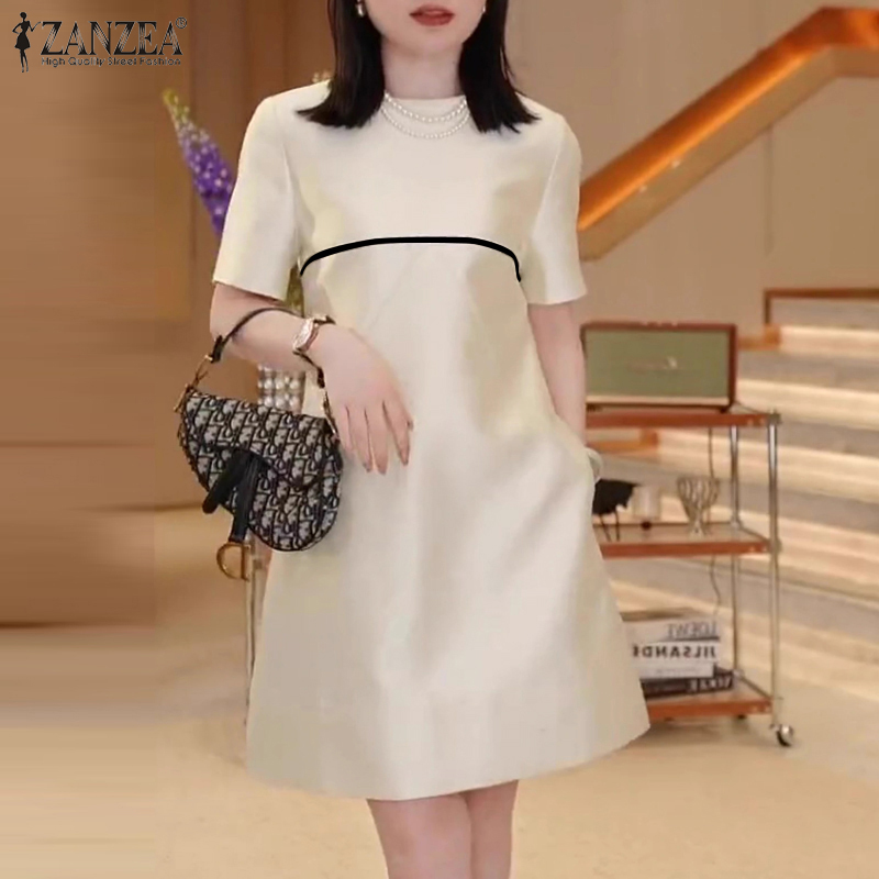 ZANZEA Korean Style Womens Dresses Elegant Contrast Color Office Ladies ...