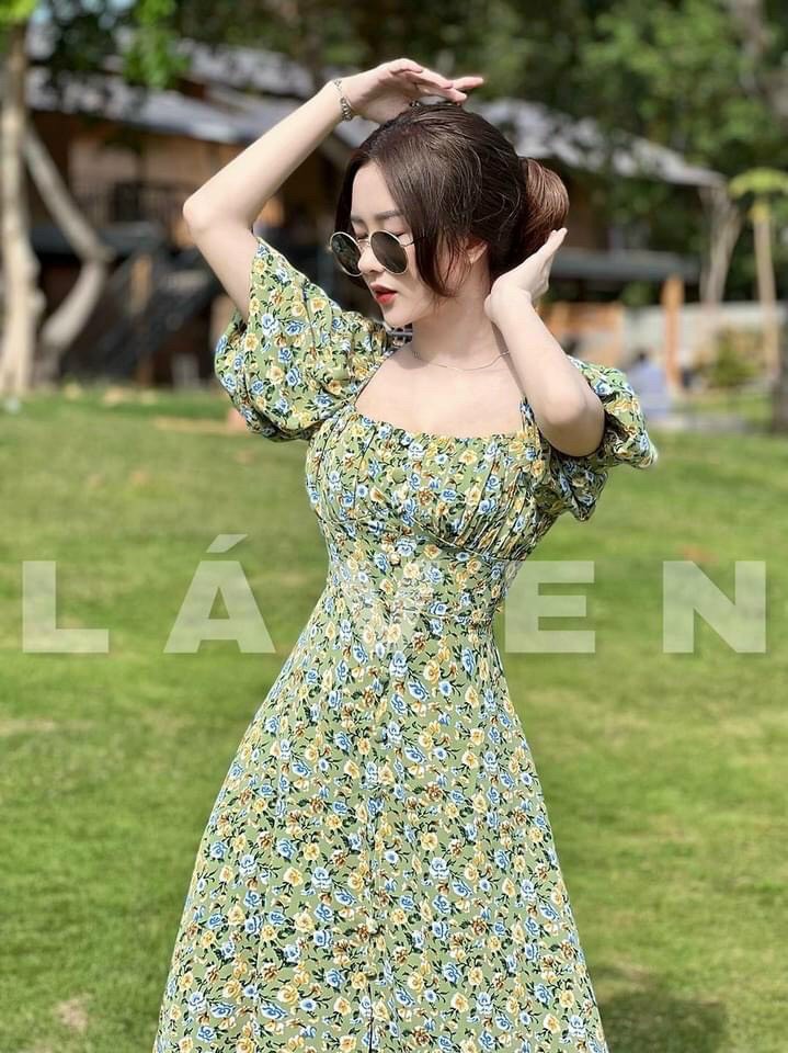 Đầm cổ vuông xoè đầm nữ dáng dài nút bọc nhún ngực nơ lưng sẵn mút ngực cực xinh
