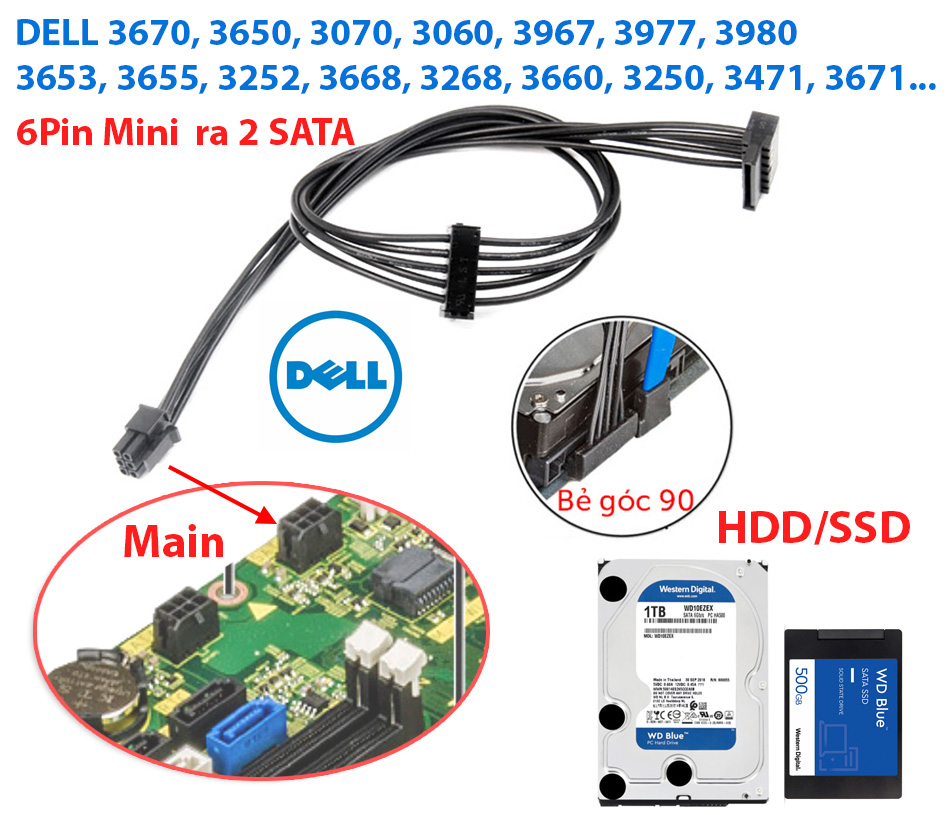 Dây cáp nguồn mini 6Pin ra 2 SATA lắp đặt thêm SSD HDD cho máy tính đồng bộ  DELL Optiplex Vostro 3670, 3650, 3070, 3060, 3967, 3977, 3980, 3653, 3655,  3252, 3668, 3660, 3250, 3471, 3671 
