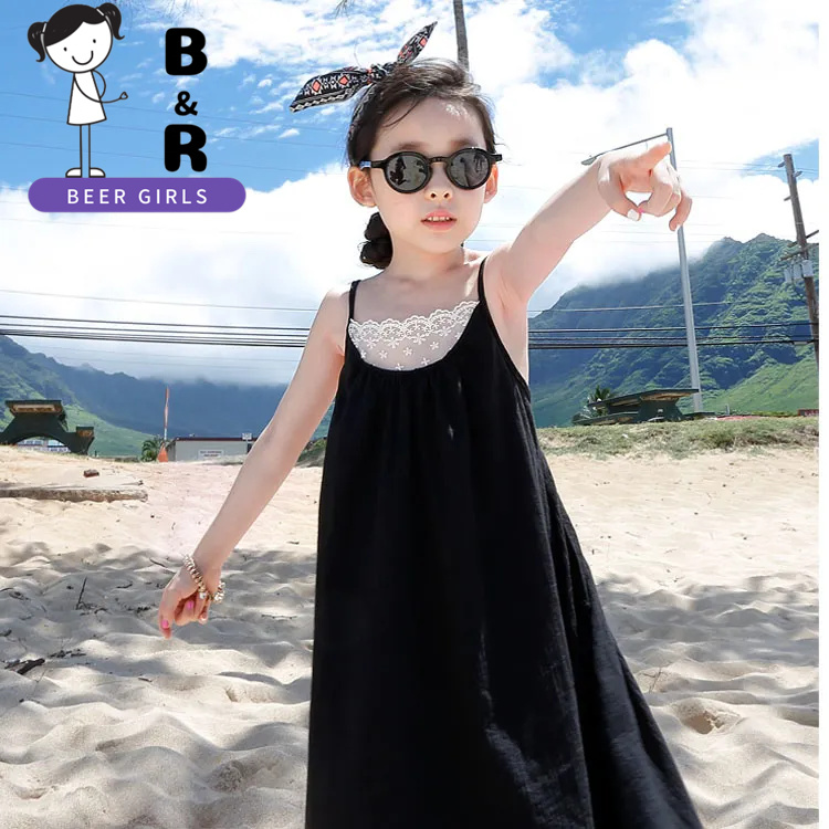 BEERGIRLS New girls' suspender dress children's summer middle and backless beach skirt knee length swallow tail long