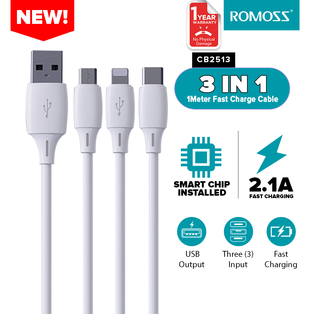 Romoss CB2513  Charging Cable 3in1 USB to Lightning /Type-C/ Micro  Charger Fast Charging Cord, Heavy Duty Nylon, Compatible with  iPhone/Android Models | Lazada PH