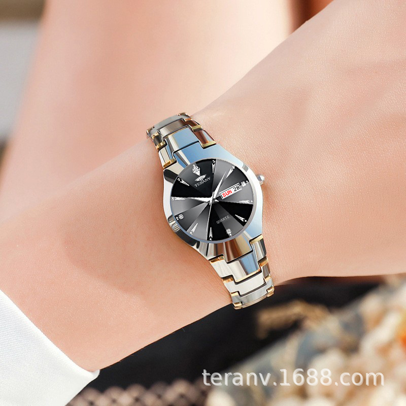 Minimalist Forest Style Women's钨钢 Non-Mechanical Watch - Korean Version, Simple and Water-Resistant with Dual Date Display, High Fashion.