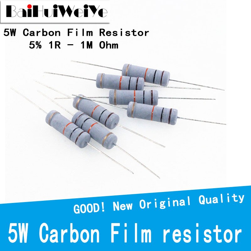 10pcs 5w carbon film resistor 5% 1r ~ 1m 1.5r 2.2r 10r 22r 47r 51r 100r 150r 470r 1k 4.7k 10k 47k 47 51 100 150 ohm resistance