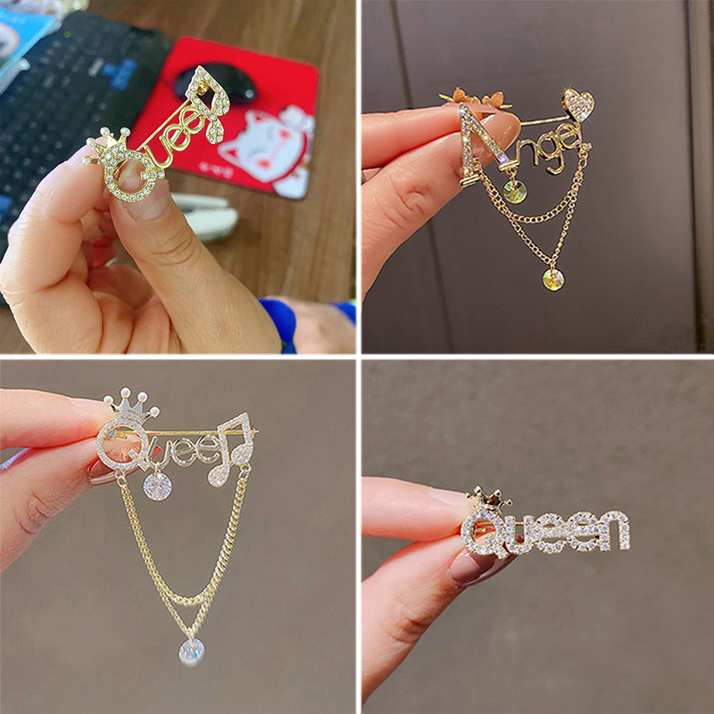 Rhinestone Queen Crown Angel English Letter Tassel Brooch Pin for Women ...