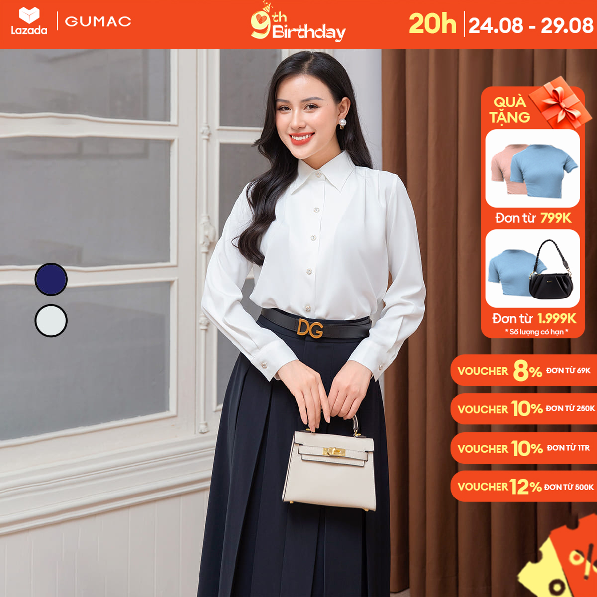 Áo sơ mi nữ tay dài gumac ad10004 xếp li vai thanh lịch