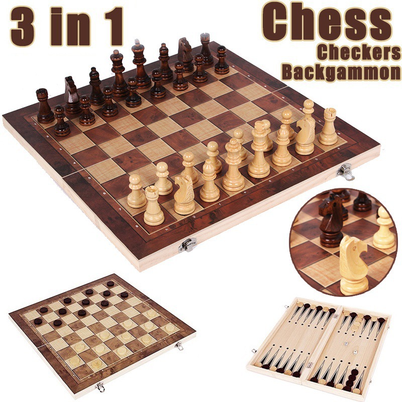 Houshirunheshengtainongchan 3-in-1 Backgami Checkers Wooden Foldable Chess Board Game Board Games