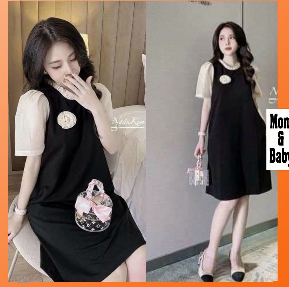 đầm bầu giá rẻ-Váy bầu thời trang thiết kế hoa vai  chất voan hai lớp freesize từ 45 đến 70kg