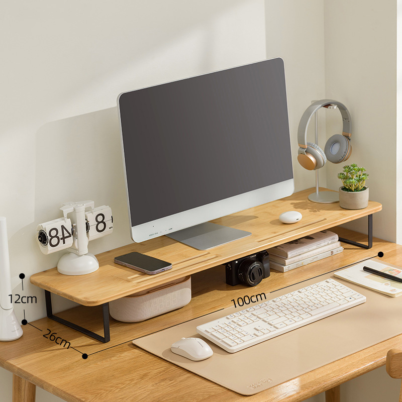 Desktop computers, elevated monitors, office desktops, storage shelves, raised bases, brackets, raised shelves
