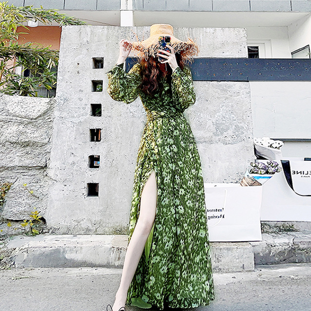 DuYan V-neck slit long sleeve dress