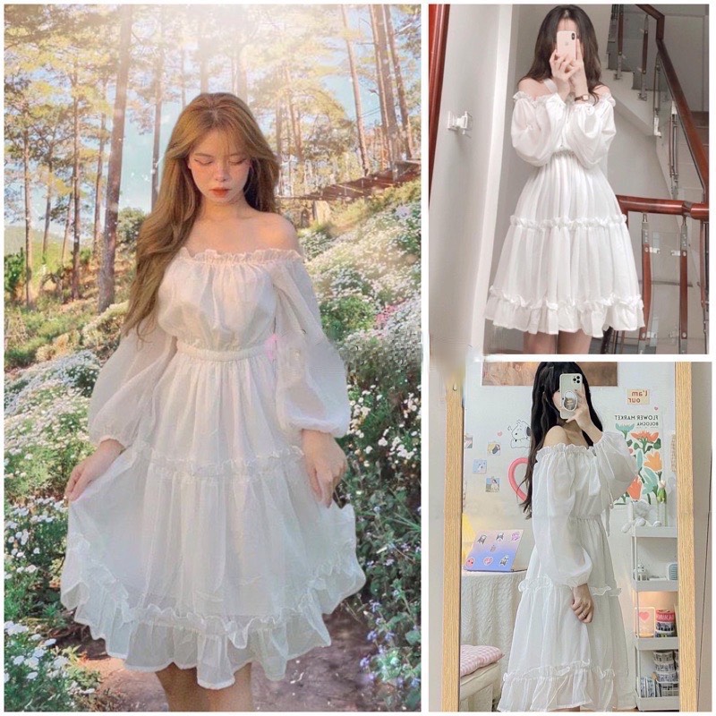 Váy trắng tiểu thư - đầm trễ vai babydoll 3 tầng, chất voan tơ