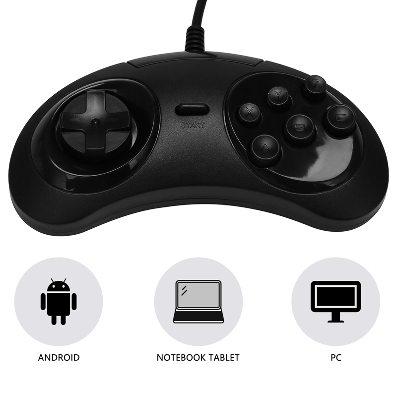 Gamepad Wired 6-Key Usb Game Controller Joypad For Sega Genesis / Md Pc / 2 Y1301 / Mac Mega Drive Black Plastic