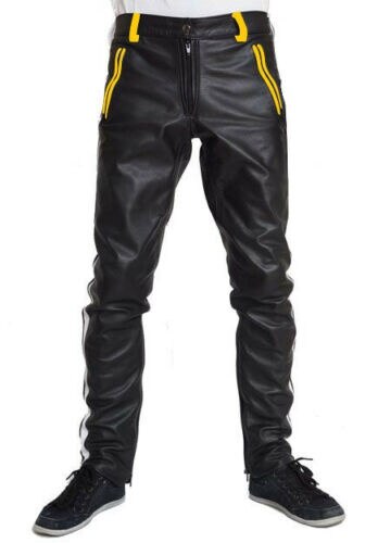 Men's COWHIDE LEATHER PANTS COLOR STRIPES BIKERS PANTS
