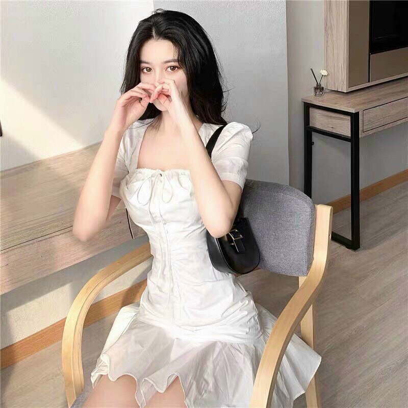 Váy Trắng, Váy Nữ, Đầm Nữ Cổ Vuông Đuôi Cá