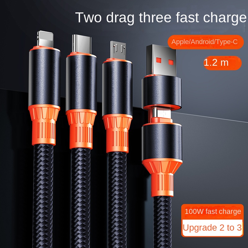Mới 100W Cáp dữ liệu sạc nhanh nylon bện 6A hai kéo Ba cáp sạc một kéo Ba đa chức năng Cáp sạc