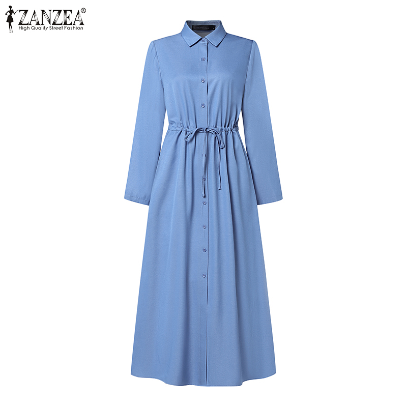 ZANZEA%20Korean%20Style%20Women%20Girlish%20Streetwear%20Lapel%20A-Line%20Long%20Dresses%20Full%20Sleeve%20Drawstring%20Solid%20Dress%20-%20Image%205