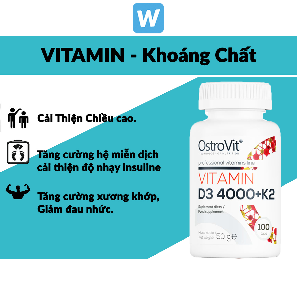OstroVit Vitamin D3 4000 + K2 100 viên