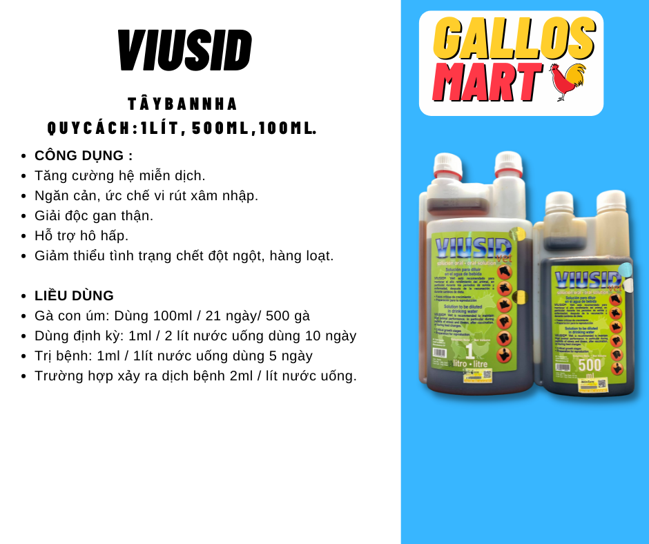 VIUSID - ỨC CHẾ VIRUS CHO GÀ ĐÁ VÀ TRẠI CHAI 500ML
