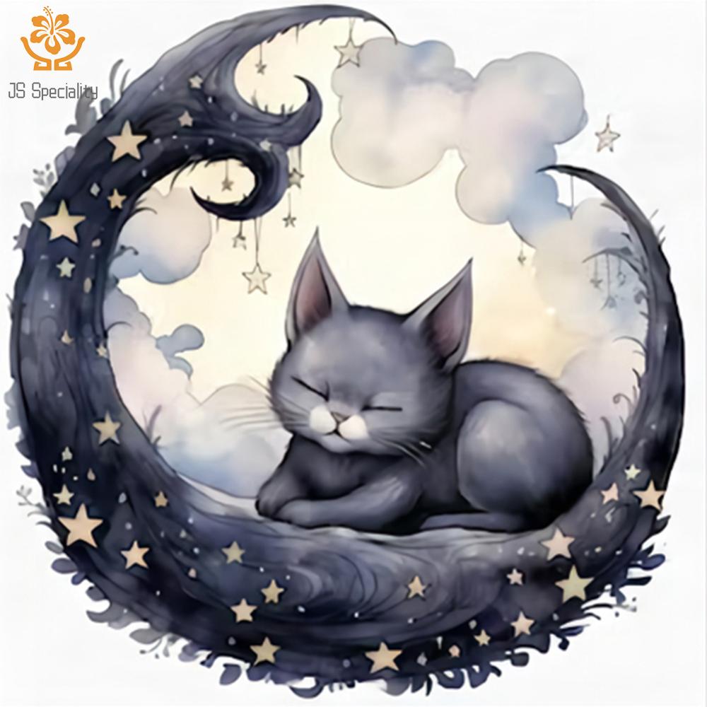 50x50cm Full Embroidery Cotton Thread 11CT Printed Cat on the Moon Cross Stitch 50x50cm
