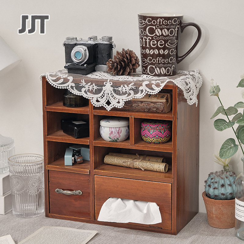 Retro storage box with tissue box, table shelf, wooden tabletop storage box, storage cabinet