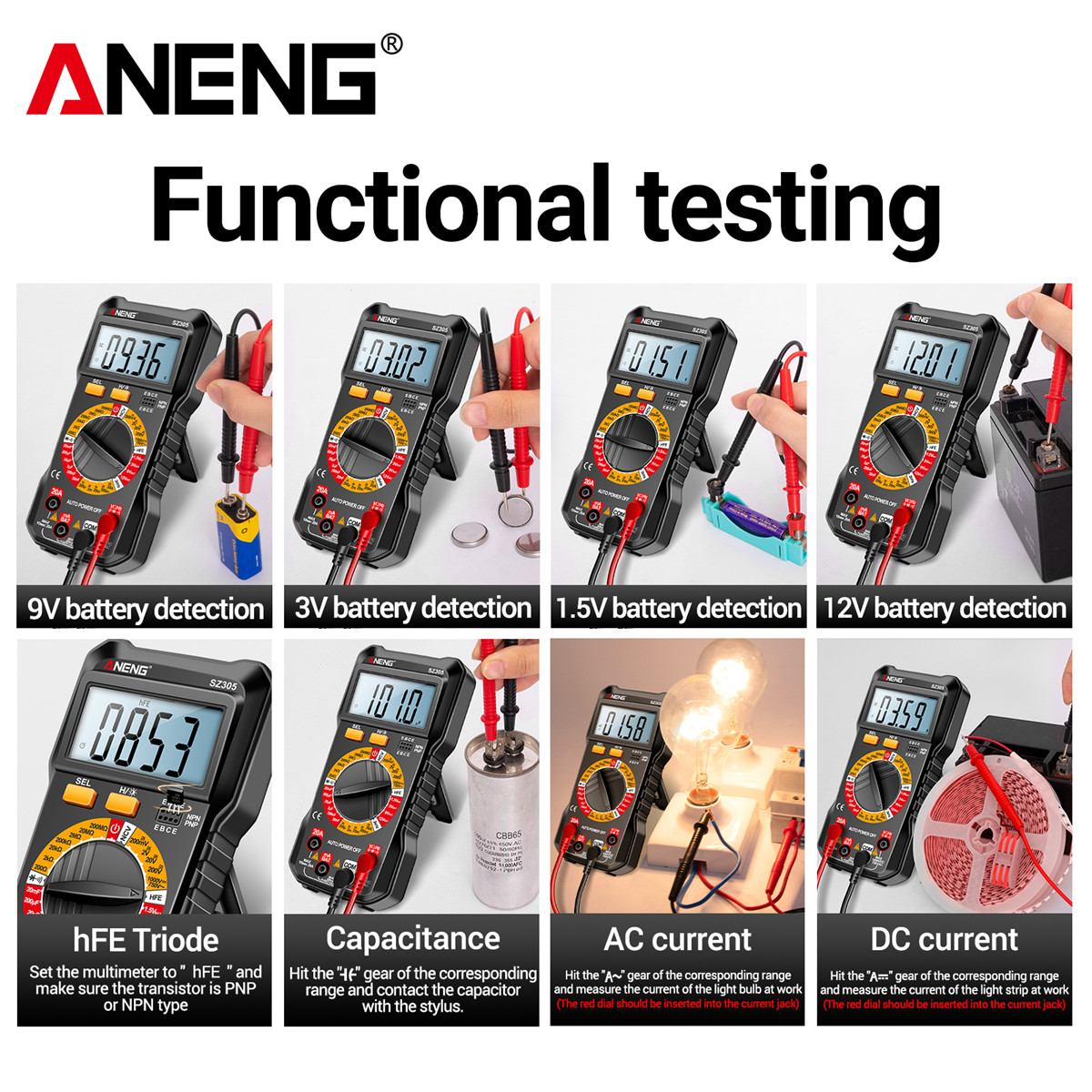 Aneng sz305 đa năng kế kỹ thuật số tự động phạm vi 750V 10A Thông Minh vạn năng DC/vôn kế xoay chiều Ampe kế 1999 đếm/NCV không tiếp xúc/hFE/kháng/phát hiện liên tục/Còi/Vỏ bảo vệ chống rơi Silicon/đa năng kế kỹ thuật số thông minh