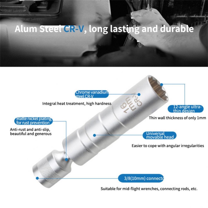 14/16mm Spark Plug Sleeve Socket Wrench 12 Angle Rotation Thin Wall 3/8" Drive Thin Wall Car Removal Tool Automobiles Repair Spark Plug Disassembly Tool