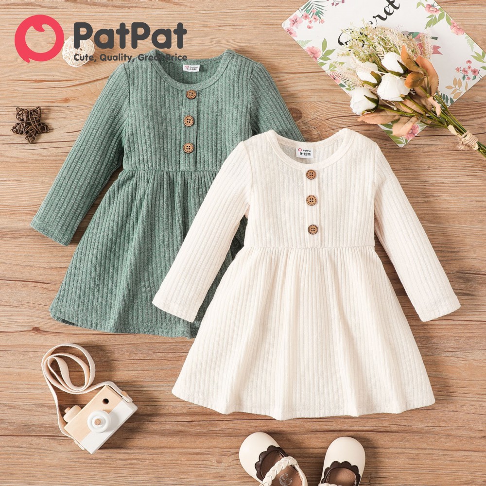 PatPat Baby Girl Button Front Solid Rib Knit Long-sleeve Dress