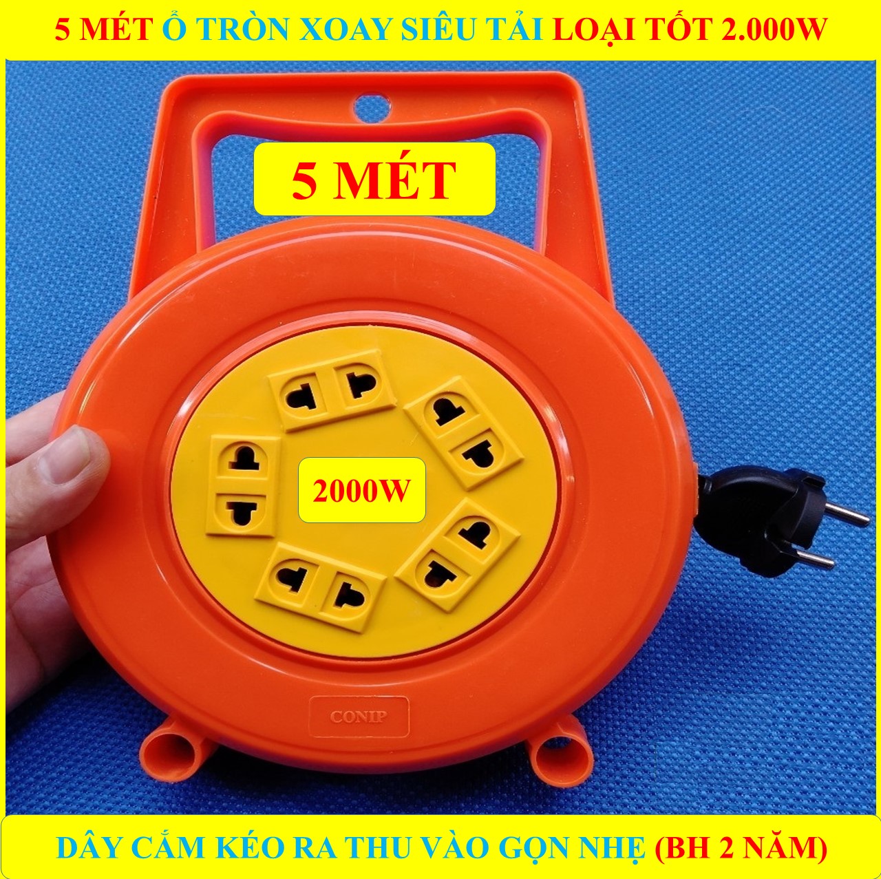 5 Mét Ổ cắm điện tròn xoay CHỊU TẢI CAO 2000W đa năng (BH 2 NĂM) HÀNG LOẠI 1 CAO CẤP + 5 ổ cắm ( bộ 1 sản phẩm )