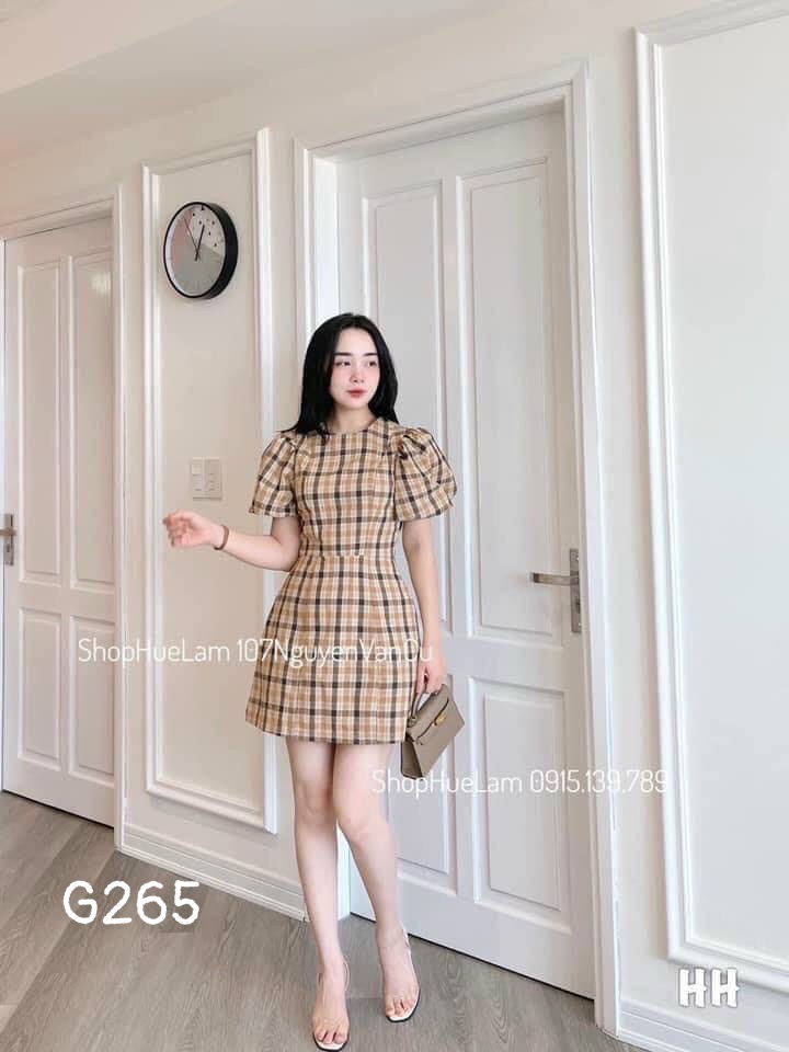 [HCM]Đầm xoè nữ tay búp caro kate lụa cao cấp dao phố g265