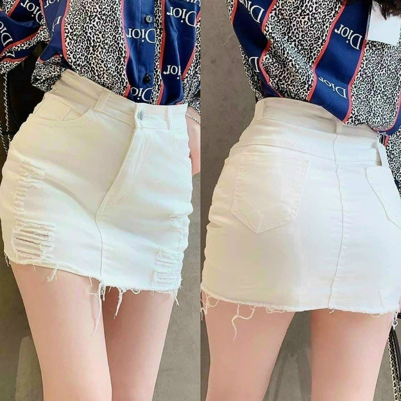 Chân váy jean rách lai chữ A dáng ngắn