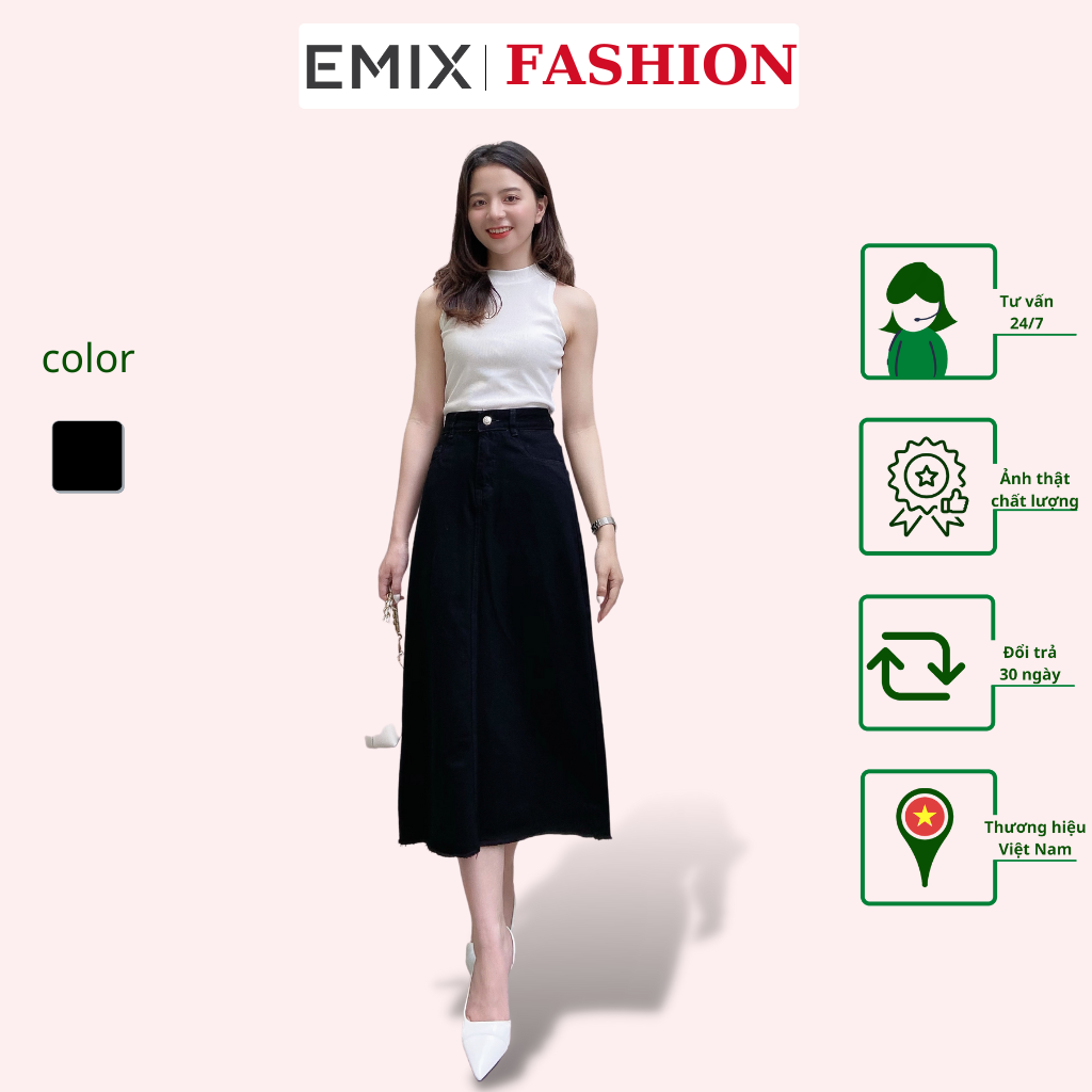 Chân váy bò basic EMIX (màu đen), midi, dáng dài, cạp cao, chữ A, có túi, vải jeans co giãn...