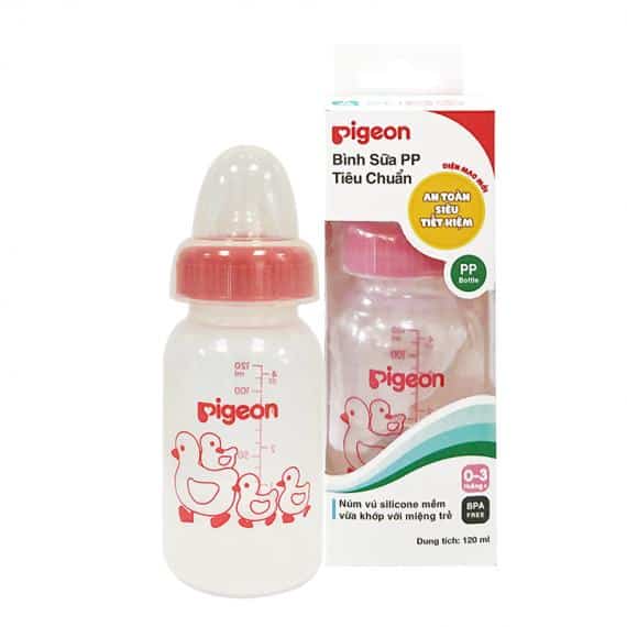 Bình sữa Pigeon cổ hẹp nhựa PP tiêu chuẩn 120ml (có van chống sặc) - bình sữa cổ nhỏ nhựa PP - binh sua co thuong cho be