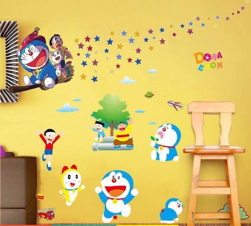 Bộ decal trang trí tường - Mèo xanh ngôi sao dạ quang phối Mèo xanh các bạn vui vẻ