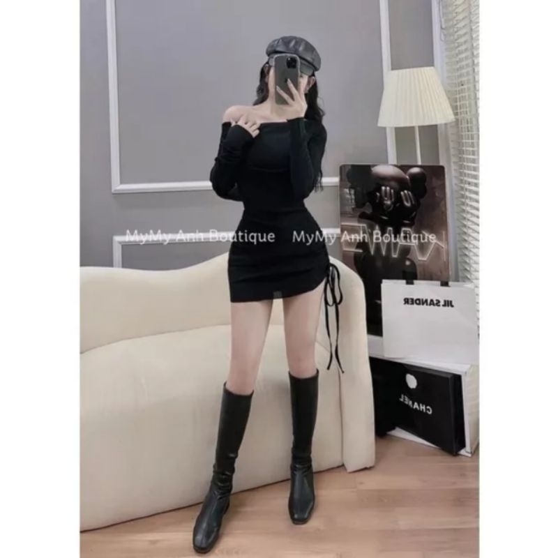 Váy len ôm body trễ vai rút hông