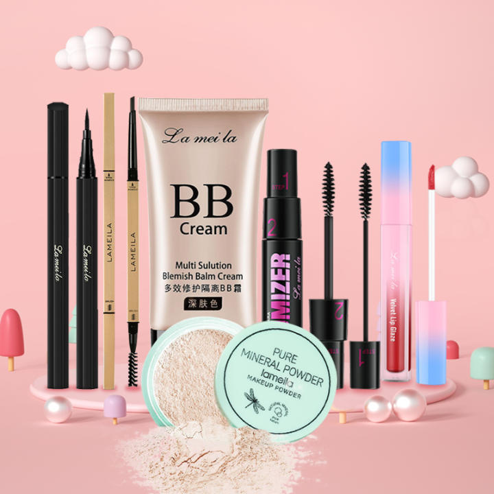 Bộ trang điểm chuyên nghiệp 6 món LaMeiLa Kem BB che khuyết điểm + Phấn phủ bột + Chì kẻ mày lâu trôi + Bút dạ kẻ mắt + Mascara 4d + Son kem lì bộ…
