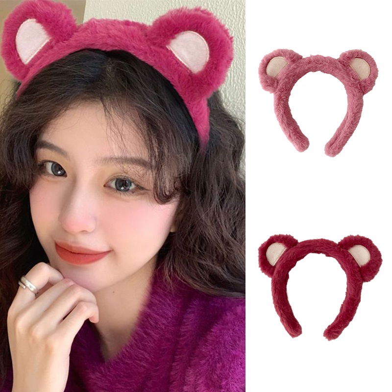 Băng đô cài tóc lông nhung màu hồng gấu dâu đáng yêu