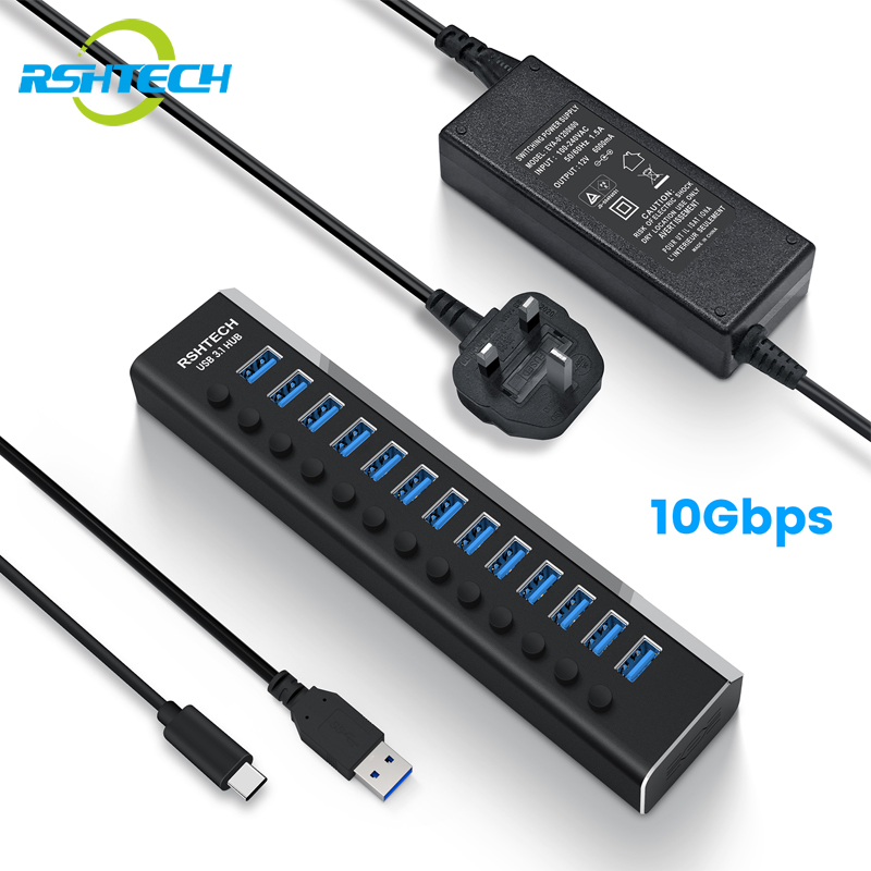 RSHTECH A10QPD USB HUB Type-C PD USB 3.2/USB C Hub 60W 12V 5A Power Adapter With 10Gbps High Speed USB-A 3.2 QC3.0 Charging Ports Individual On/Off Switches Aluminum USB Splitter For Laptop