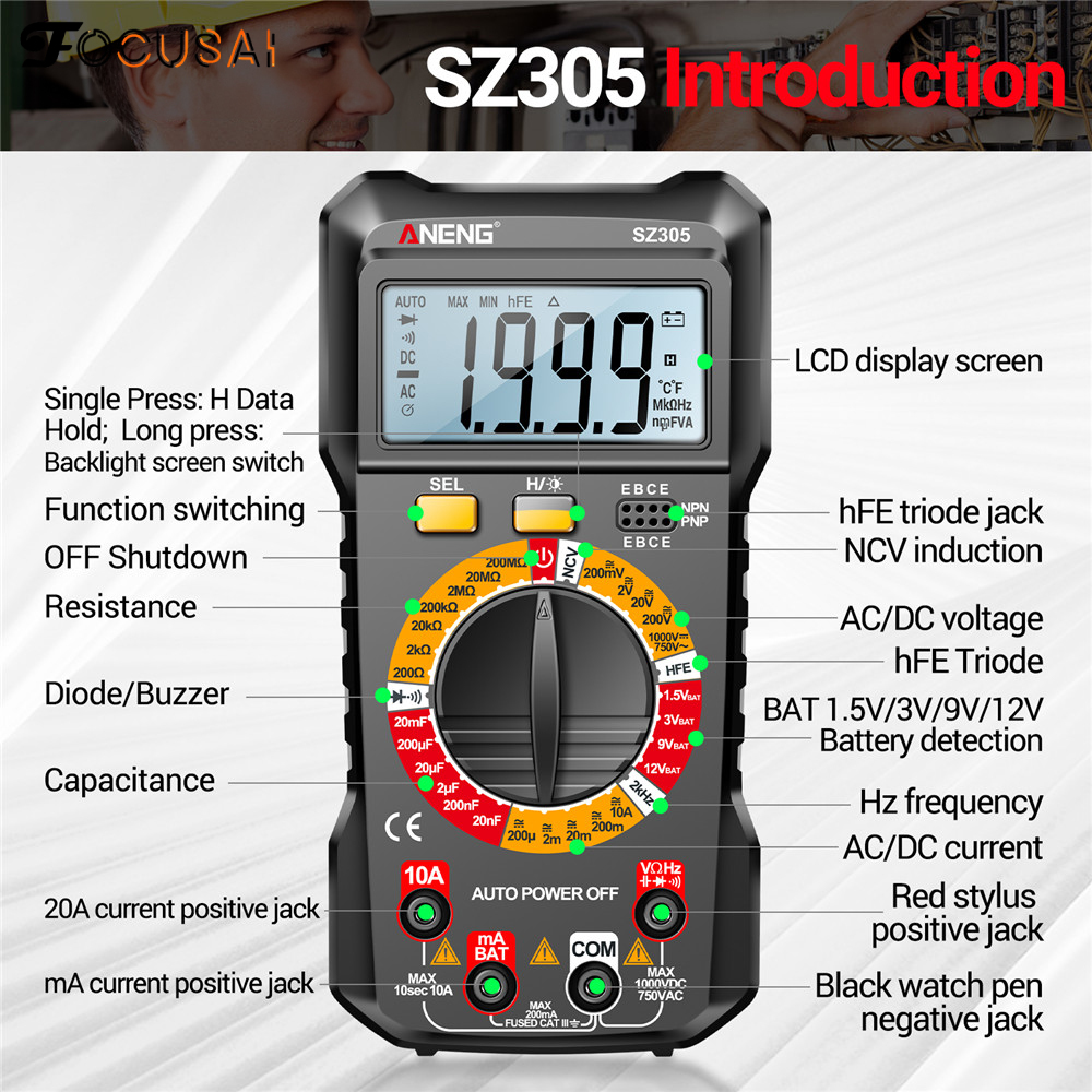 FocusAi ANENG Multimeter Volt Ohm Amp Meter Autoranging for AC/DC Current Voltage Resistance Frequency Tester