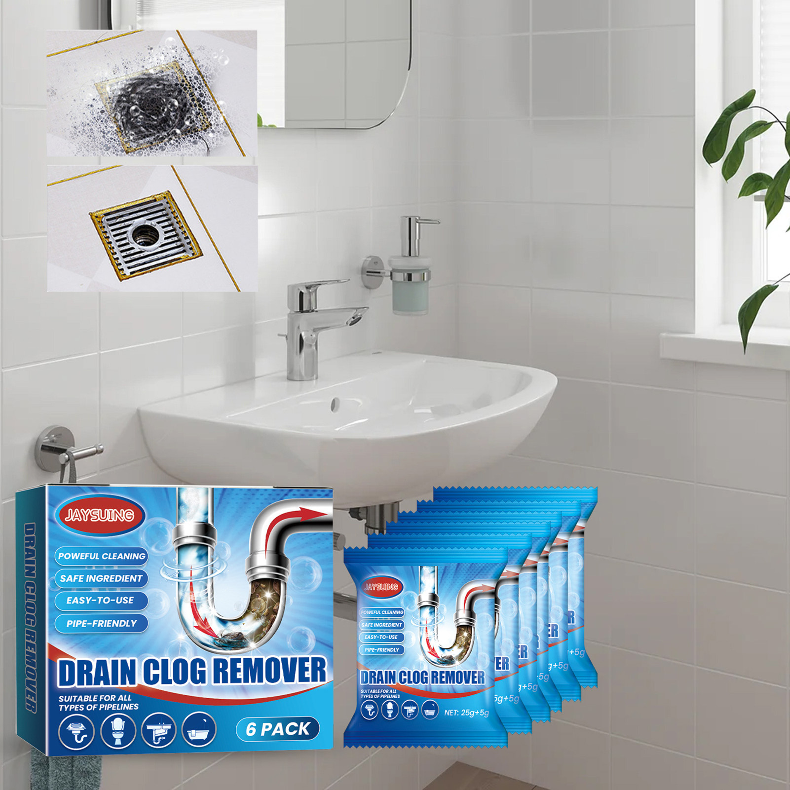 Emachinery hiệu quả Que thông cống hiệu quả phân hủy sinh học thoát nước dụng cụ lấy vật gây tắc nghẽn cho nhà bếp phòng tắm 6 cái/hộp Tóc ống thân thiện dung dịch cọ bồn rửa chống tắc nghẽn khử mùi bột