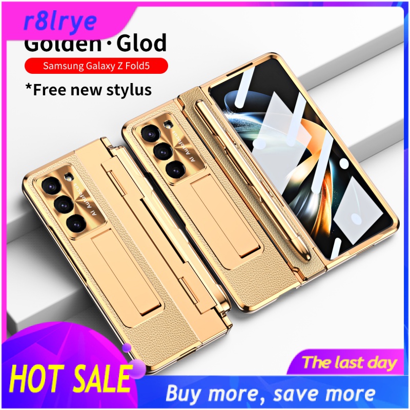 Plating hinge with pen cover for samsung galaxy z fold 5 4 3 case slim leather holder case for z fold 5 5g cover