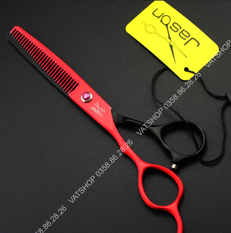 Bộ kéo cắt tóc tay trái Jason cao cấp đỏ đen (Mua 1 cặp tặng bao da, chỉnh kéo, lược)