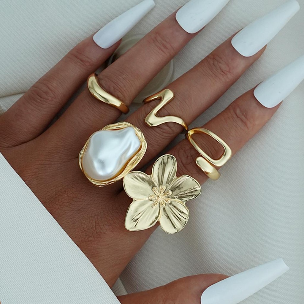 Enacolor%205Pcs/Set%20Women%20Retro%20Flower%20Ring%20Set%20Gold%20Metal%20Pearl%20Joint%20Open%20Rings%20Adjust%20Jewelry%20Accessories%20Gifts%20-%20Image%202