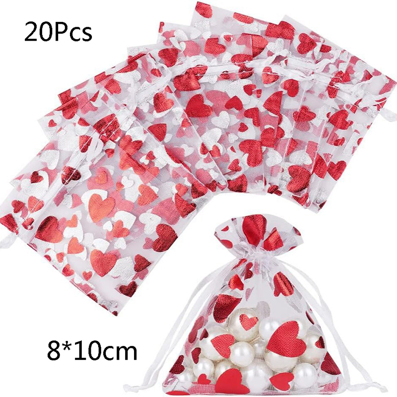 20pcs Red Love Heart Organza Bags Wedding Party Gift Candy Drawstring ...